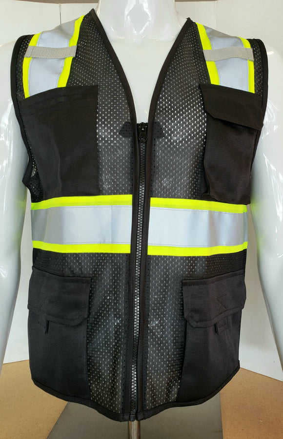 Two Tone Black Safety Vest with 6 Pockets