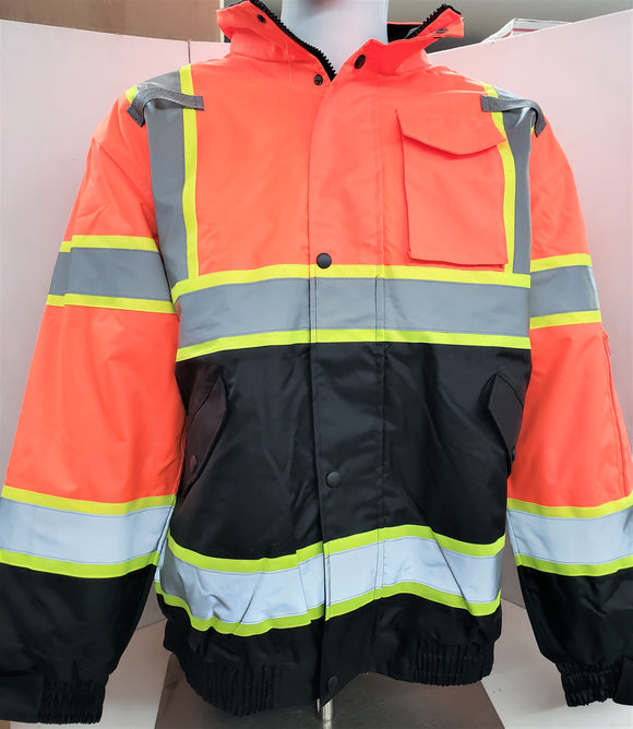 CLASS III Orange Reflective Safety Waterproof Bomber Jacket with hood