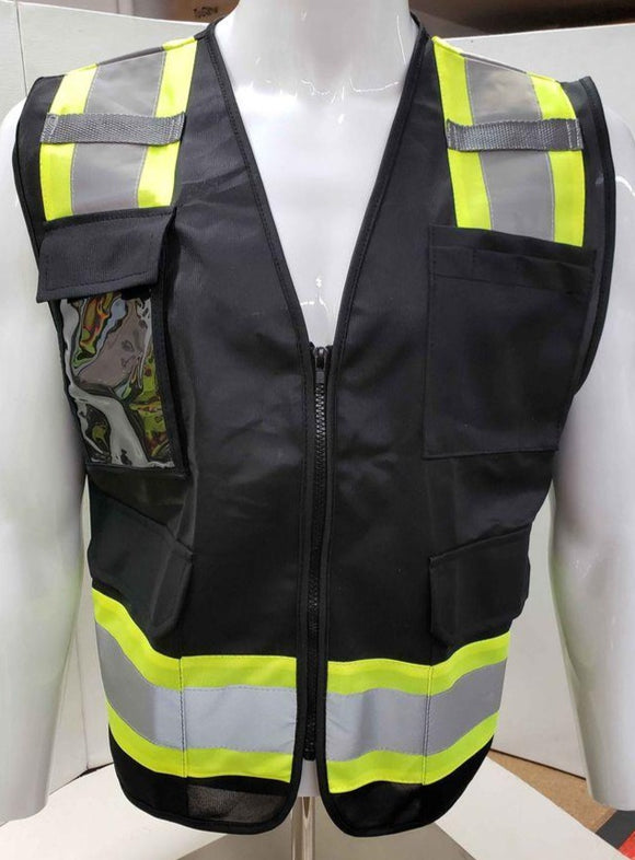 FX Two Tone Black Safety Vest with clear ID Pocket (Knitted Fabric Front & Mesh Back)