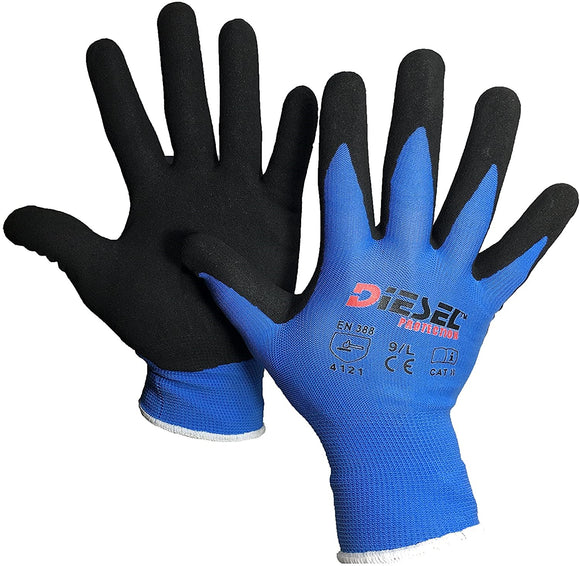 12-Pair Diesel Blue Poly/Cotton, Latex Coated Safety Gloves