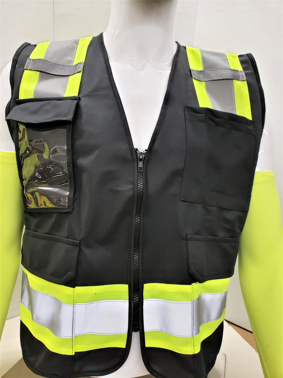 FX Two Tone Black Safety Vest with clear ID Pocket (Knitted Fabric Front & Back)