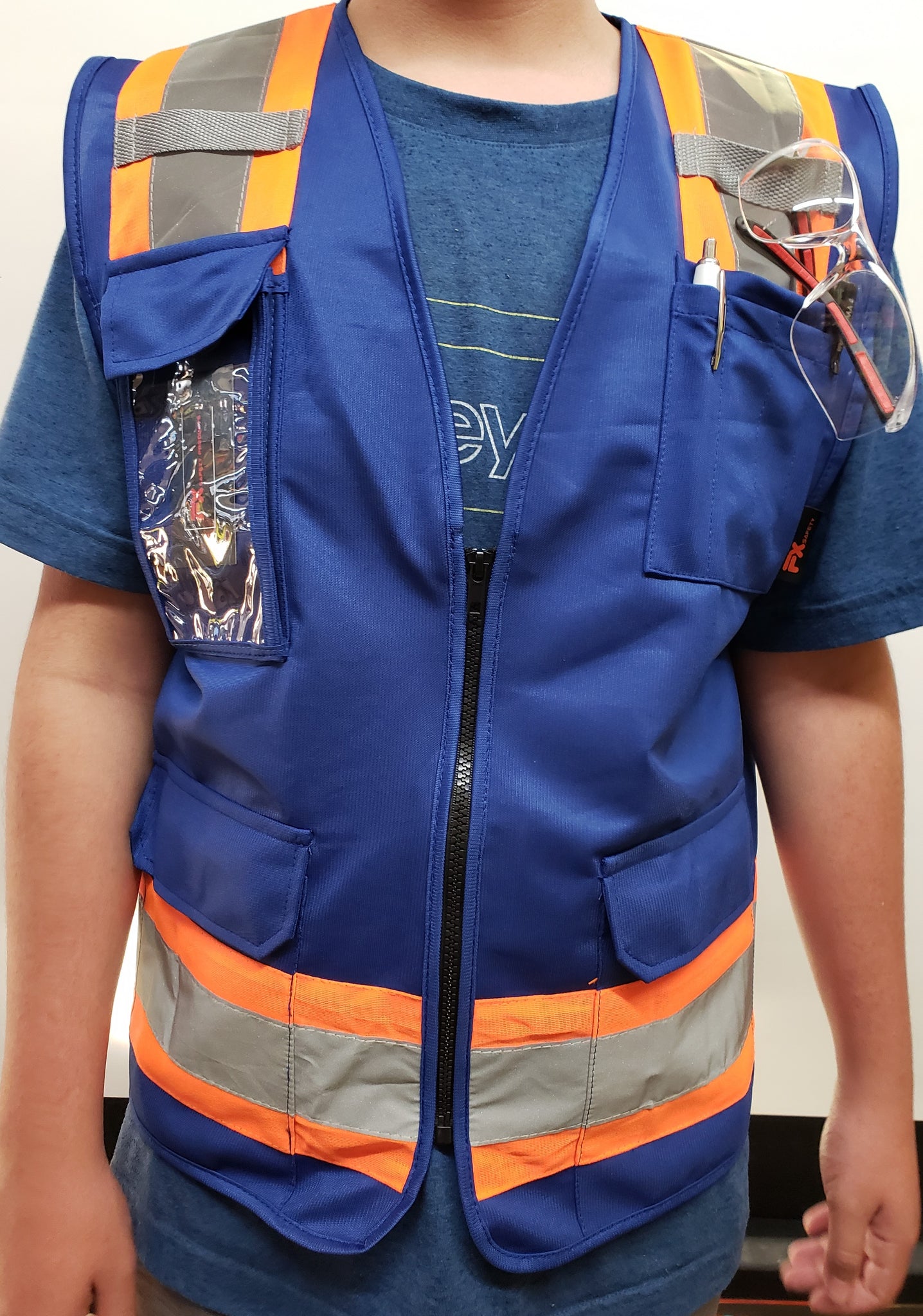 FX Two Tone Blue Safety Vest with clear ID Pocket (Knitted Fabric 