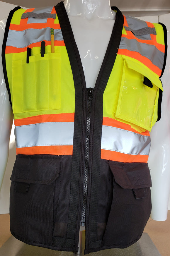 FX Three Tone Yellow/Black Safety Vest with 6 Pockets I Solid Knitted front & Mesh Back