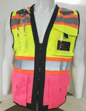 FX Three Tone Yellow/Pink Safety Vest with 6 Pockets I Solid Knitted front & Mesh Back